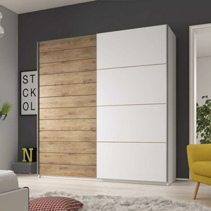 Posuvná šatní skříň Galaxy 221 cm bílá / dub beaufort prostorná šatní skříň v moderní podobě vybavená hliníkovými dveřními lištami