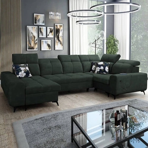 Rohová sedací souprava s funkcí spaní Buffalo IV zelená levá strana stylová rohová sedací souprava se dvěma přihrádkami na lůžkoviny velurová tkanina
