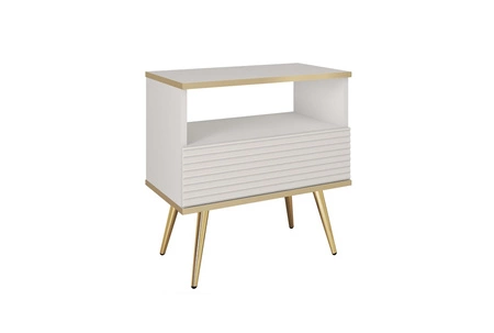 Luxusní bílý noční stolek se zásuvkou elegantní design skříňka se zlatým lemováním skříňka s rýhovaným čelem zlaté vysoké nohy