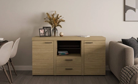 Komoda se zásuvkami Rene 156 cm olejovaný dub elegantní a univerzální komoda ve stylu obývacího pokoje vkusné černé úchytky