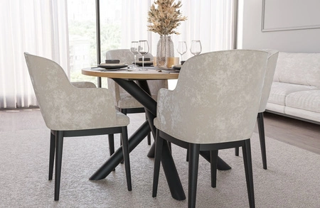 Kulatý stůl Lyon 110 cm dub artisan / černý designový jídelní stůl na kovových pavoučích nohách výškově nastavitelný