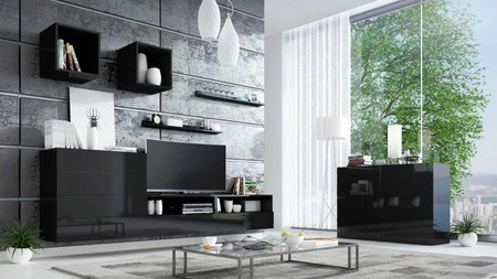 Nábytková sestava Psaru černá / černý lesk Moderní designová nástěnná skříňka do obývacího pokoje nebo obývacího pokoje s vysoce lesklými čely