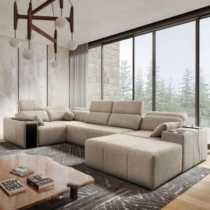 Rohová sedací souprava s funkcí spaní Tesalia IV béžová komfortní pravá rohová sedací souprava do obývacího pokoje s inovativní funkcí posuvného opěradla