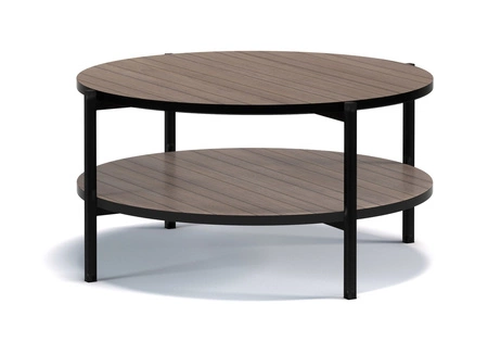 Konferenční stolek kulatý 84 cm Sampi kapitánská paluba s přídavnou policí lehký design kovová podnož ideální stolek pro jakékoli uspořádání