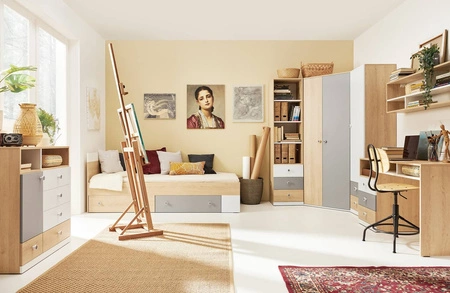 Postel se zásuvkami Pixel 120x200 cm dub biscuit / bílá / šedá moderní design lemování postele se speciální ABS dýhou