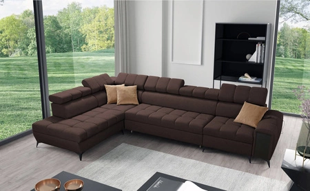 Rohová rozkládací pohovka s funkcí spaní Bolmso XI hnědá levá stylová designová rohová rozkládací pohovka se zásuvkou a kontejnery na lůžkoviny