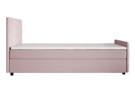 Kontinentální postel Kansas 90x200 v pudrově růžové barvě v moderním skandinávském stylu s čalouněným čelem a podnožkou