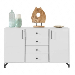 Komoda se zásuvkami Skien 140 cm bílý lesk elegantní design jednoduchá forma nábytku obohacená o stylové kovové prvky černé nohy