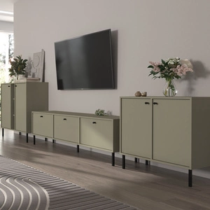 Nábytek Kioto II eukalyptus stylový designový nábytek do obývacího pokoje elegantní nábytek podepřený kovovými černými nohami decentní úchytky