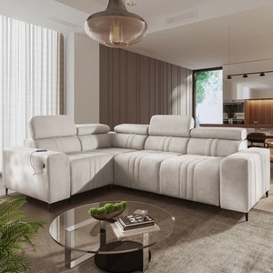 Rohová pohovka s funkcí spaní Castel II béžová levá pohodlná rohová pohovka s nastavitelnými opěrkami hlavy kontejner na lůžkoviny