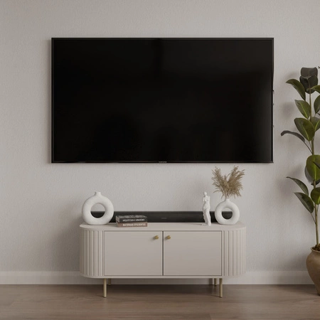 RTV skříňka Ovalio 123 cm béžová stylová TV skříňka unikátní oválný tvar dekorativní frézování kovové základny