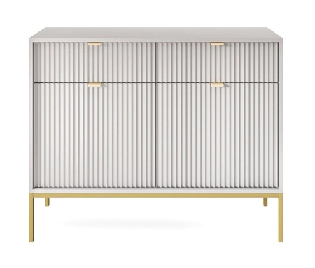 Nábytková sestava Lovro šedá moderní designová nástěnná skříňka do obývacího pokoje nebo zasedací místnosti obohacená o zlaté kovové doplňky