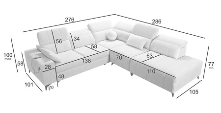 Rohová sedací souprava s funkcí spaní Penejos IX modrá pravostranná stylová rohová sedací souprava s kontejnery na lůžkoviny pohodlné nastavitelné opěrky hlavy