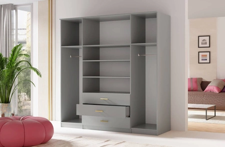 Šatní skříň Adel 200 cm šedá elegantní design prostorná skříň se zrcadlem a zásuvkami ideální do ložnice nebo předsíně zlaté úchyty