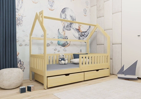 Dřevěná postel Timon 80x180 cm borovice moderní design dětský domeček postel z masivního borovicového dřeva prostorné zásuvky