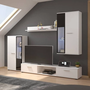 Meblościanka Senja biała nowoczesny design witryna stojąca i wisząca półki z bezpiecznego szkła hartowanego