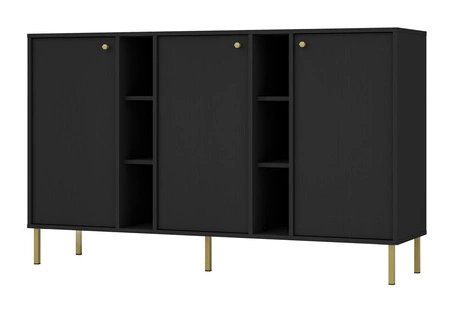 Komoda Kioto II 158 cm černá grafitová moderní design jednoduchý tvar obohacený zlatými úchyty stabilní kovová základna