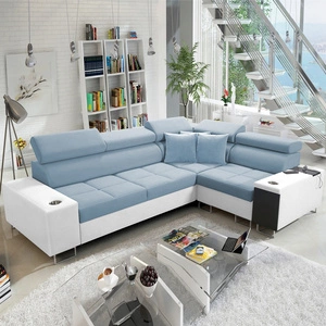 Rohová sedací souprava s funkcí spaní Dafni II modrobílý samet pravá rohová sedací souprava s úložným prostorem na lůžkoviny s celočalouněnou zásuvkou