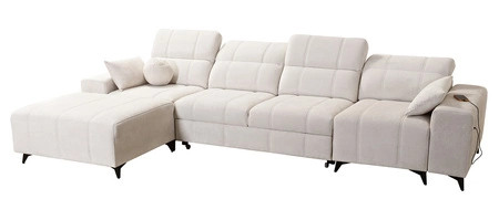 Rohová pohovka s funkcí spaní Penejos XII krémová levá stylová rohová pohovka s kontejnery na lůžkoviny pohodlné nastavitelné opěrky hlavy