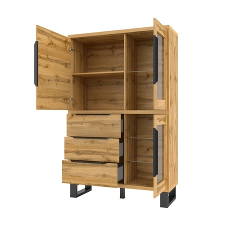 Vitrína Halle 120 cm dub wotan minimalistický design stylová vitrína s úchytem na hraně se zásuvkami na kovovém podstavci