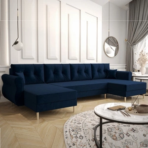 Rohová sedací souprava s funkcí spaní Wilkins U tmavě modrá pohodlná rohová sedací souprava z měkké tkaniny s moderním designem, která se hodí do každého interiéru