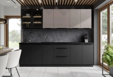 Sada kuchyňského nábytku Tarraco / Černá 260 cm skříňky s kovovými úchytkami vypadají skvěle v moderních interiérech