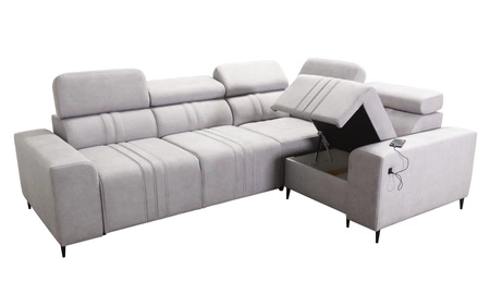 Rohová pohovka s funkcí spaní Castel II modrá pravá pohodlná rohová pohovka s nastavitelnými opěrkami hlavy kontejner na lůžkoviny