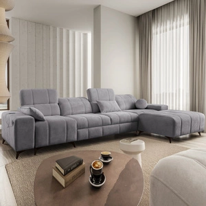 Rohová sedací souprava s funkcí spaní Penejos XII světle šedá pravá stylová rohová sedací souprava s kontejnery na lůžkoviny pohodlné nastavitelné opěrky hlavy