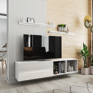 Závěsná RTV skříňka Astros 172 cm bílá / bílý lesk s policemi minimalistický a elegantní design, který se hodí do každého interiéru