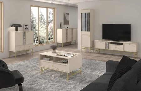 Nábytková sestava do obývacího pokoje Kioto III béžová stylový design elegantní nábytek v tlumených barvách obohacený stabilním zlatým rámem