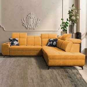 Rohová sedačka s funkcí spaní Buffalo IX žlutá pravá strana stylová rohová sedačka do pokoje z velurové látky dekorativní polštáře