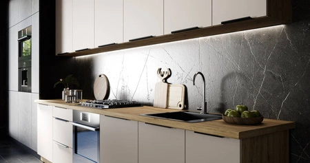 Sada kuchyňského nábytku Soela 330 cm elegantní kuchyňské skříňky v jemných a přírodních barvách úchyty s kovovými hranami