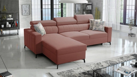 Rohová sedací souprava s funkcí spaní Savona Indian pink levá pohodlná a elegantní rohová sedací souprava s nastavitelnými opěrkami hlavy dekorativní prošívání