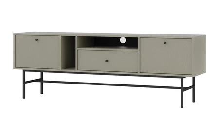 RTV skříň Kioto III 180 cm eukalyptus elegantní skříň v tlumených barvách decentní úchytky kovový černý rám