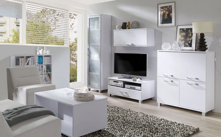 RTV skříň Maximus 100 cm bílá se zásuvkami moderní design a zásuvky na válečkových pojezdech