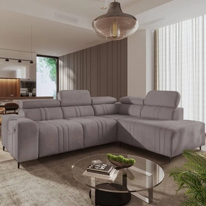 Rohová pohovka s funkcí spaní Castel VII šedohnědá pravostranná stylová rohová pohovka s úložným prostorem na lůžkoviny a polohovatelnými opěrkami hlavy