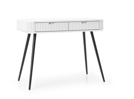 Bílá konzola Zoya se zásuvkami stylový a funkční toaletní stolek zakřivený masivní tvar rýhovaná čela zásuvek kovové nohy