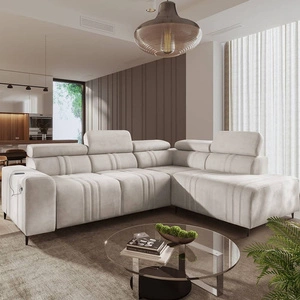 Rohová pohovka s funkcí spaní Castel VII béžová pravá stylová rohová pohovka s úložným prostorem na lůžkoviny a nastavitelnými opěrkami hlavy