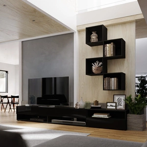 Nemea černá / lesklá černá univerzální a stylová nástěnná skříňka do obývacího pokoje minimalistický design v moderním prostředí