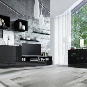 Nábytková sestava Psaru černá / černý lesk Moderní designová nástěnná skříňka do obývacího pokoje nebo obývacího pokoje s vysoce lesklými čely