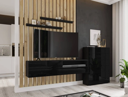 Nástěnná skříňka Almiros černá / černý lesk Moderní design Nástěnná skříňka se zásuvkovým systémem push to open do obývacího pokoje s komodou