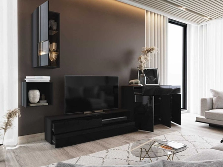 Nástěnná skříňka Pylos černá / černý lesk moderní design systém push to open pro dvířka a zásuvky nábytková sestava s komodou