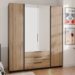 Šatní skříň se zrcadlem Kastano III 200 cm černá / dub evokuje stylový design šatní skříně do ložnic kovové hrany úchytky