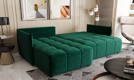 Rozkládací pohovka Oroso bottle green levá pohovka měkká sametová tkanina s hydrofobním povlakem nádoba na lůžkoviny