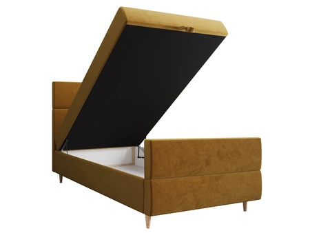 Kontinentální postel Benet 100x200 hořčice v moderním skandinávském stylu s čalouněným podhlavníkem a podnožkou s úložným boxem