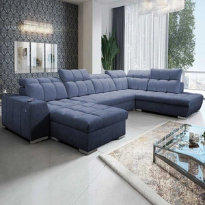 Luigi VI rohová pohovka s funkcí spaní modrá levá strana stylová rohová pohovka s kontejnery na lůžkoviny potažená měkkou látkou