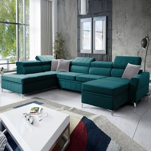 Rohová pohovka s funkcí spaní Rava VI azurová pravá Praktická a moderní rohová pohovka vybavená multifunkční lampou