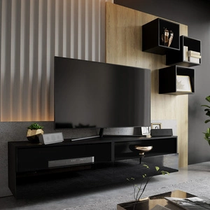 Nero černá / černý lesk Moderní nástěnná skříňka do obývacího pokoje Praktický systém zásuvek s otevíráním push to open