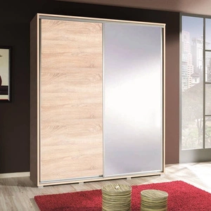 Posuvná šatní skříň se zrcadlem Penelope 155 cm světlý dub sonoma moderní designová šatní skříň hliníková vodítka dveří a pojezdový systém