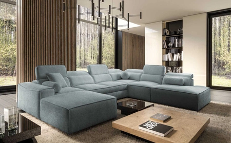 Rohová sedací souprava s funkcí spaní Viano X šedomodrá levá designová rohová sedací souprava do obývacího pokoje v moderním stylu s nastavitelnými opěrkami hlavy